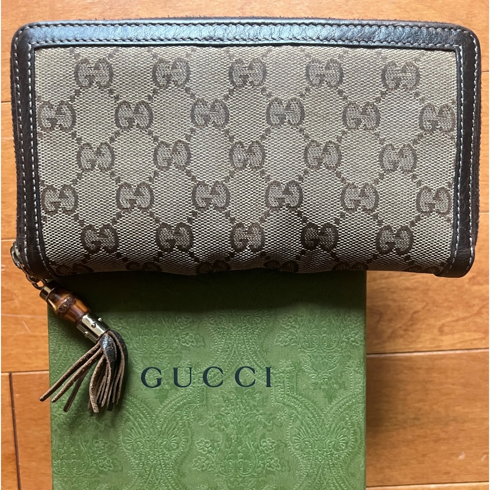 GUCCI GG Ladies Zip Around Wallet style # 3595C 7740 Brown with Bamboo Tassel